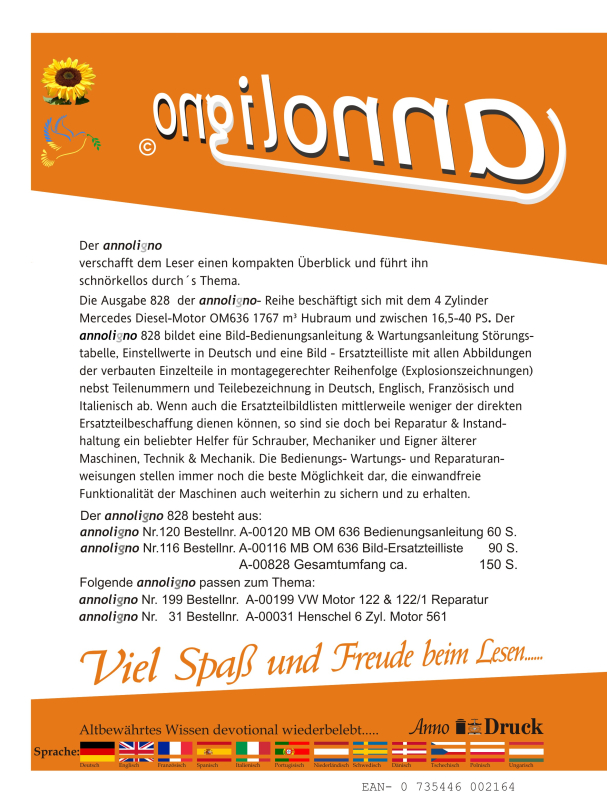 Mercedes Benz  Diesel Motor Typ OM 636 Bild – Bedienungsanleitung & Bild- Ersatzteilliste mit Explosionszeichnungen - annoligno 828